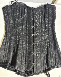 Black Brocade Overbust Corset Steel Bone Size 24 Floral And Lace